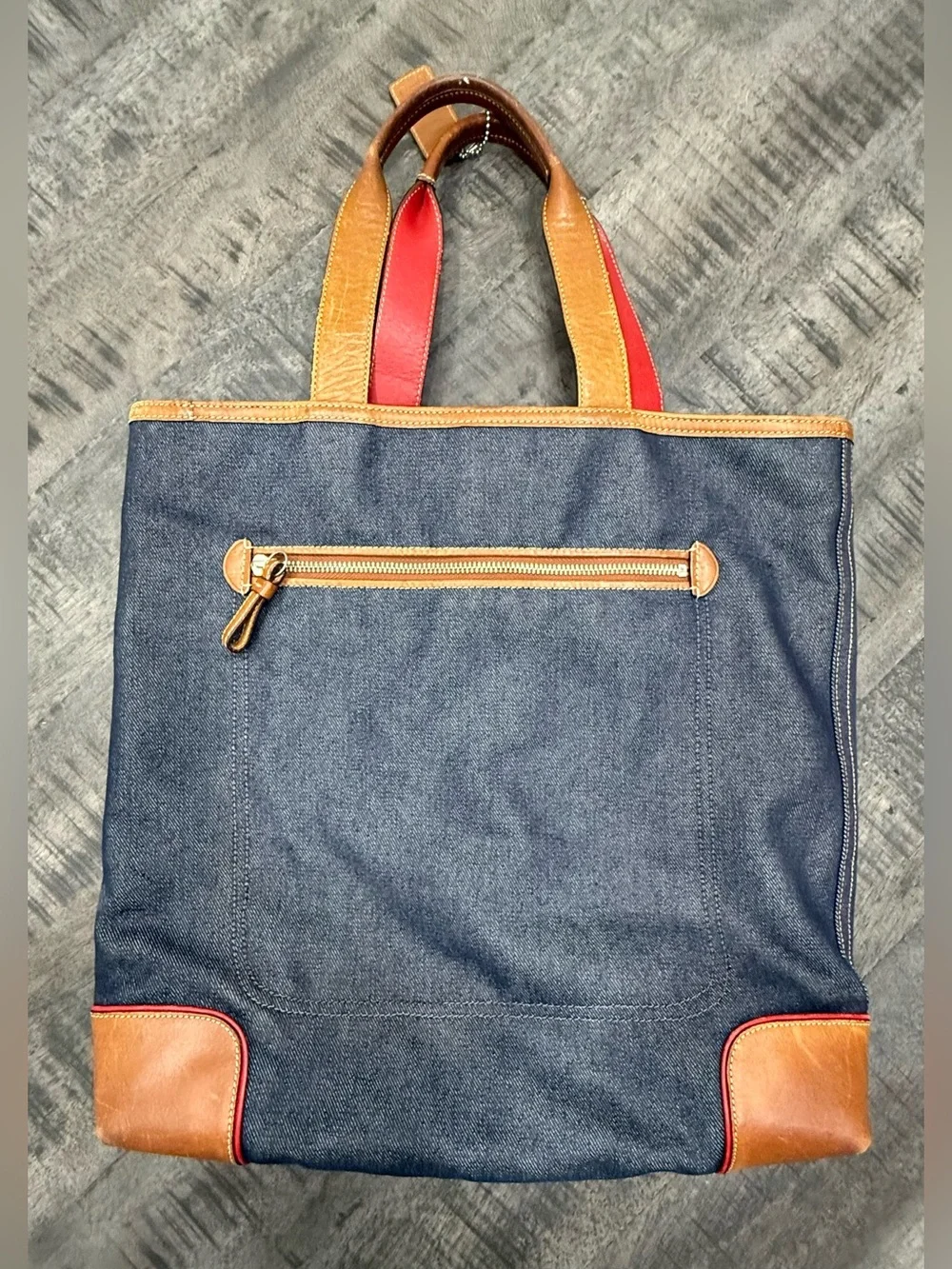 VINTAGE/Coach Navy Canvas Tote with Red and Blue Stripe and Brown Leather Trim